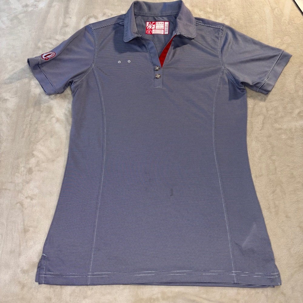 Chick-fil-A Team Style Oobe Women Small Blue Striped Recycled Polo Uniform Shirt